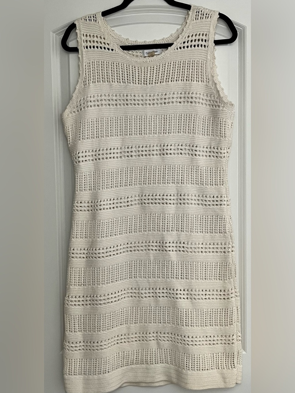 Calvin Klein Crochet Sleeveless Shift Dress Ivory Lined Boho Festival Cocktail L